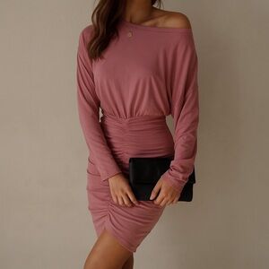 Kirundo Pink Ruched Bodycon Dress Long Sleeve Off the Shoulder Size Large